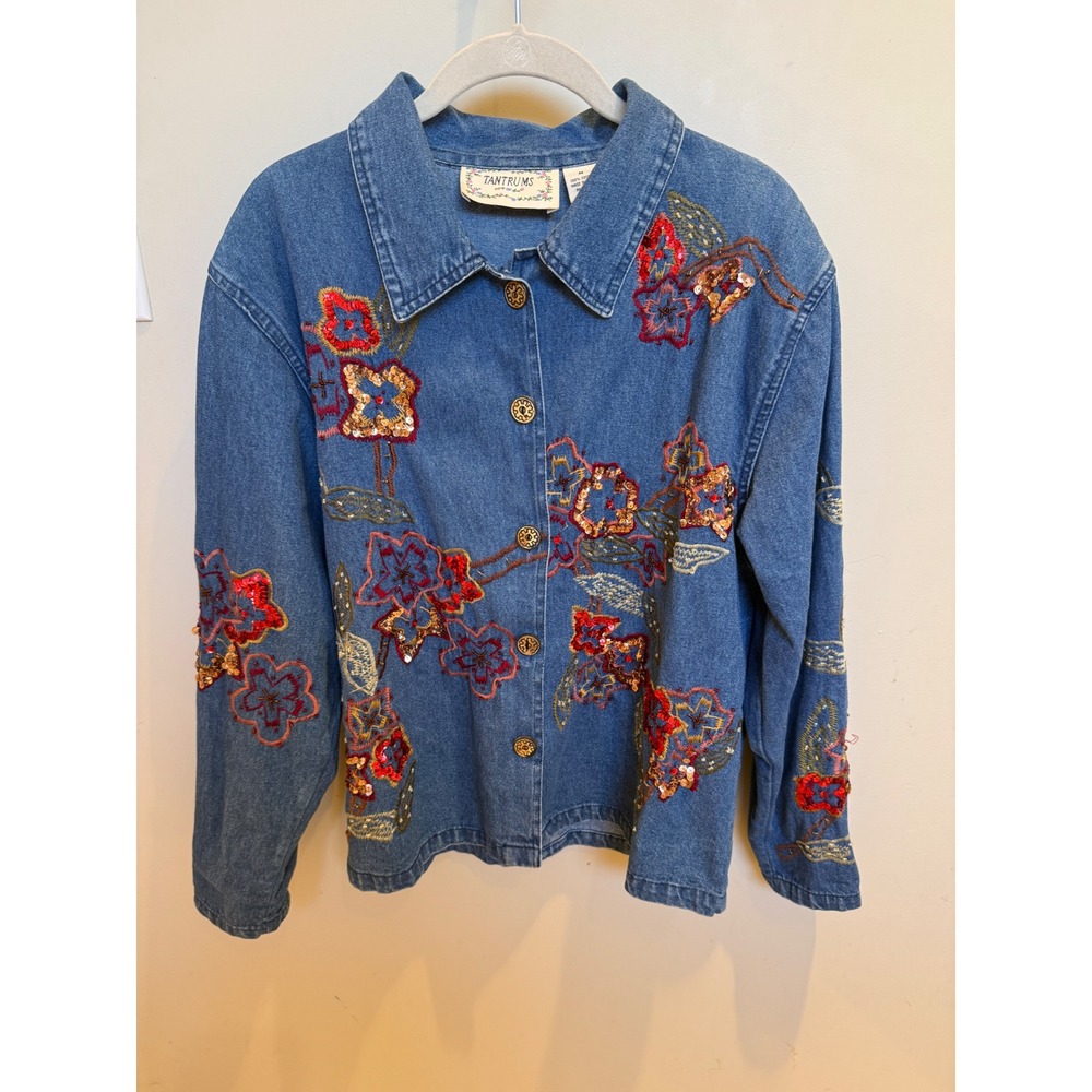 Tantrums Vintage 90s Floral Embroidered Sequin Denim Jacket Womens Medium Blue